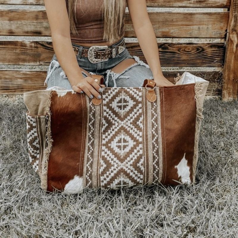 Myra Bag Floret Upcycled Canvas & Cowhide Weekender - Unique Eco-Friendly Travel Bag With Leather Accents