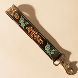 Black Leather Western Key Fob - Turquoise Floral Keychain