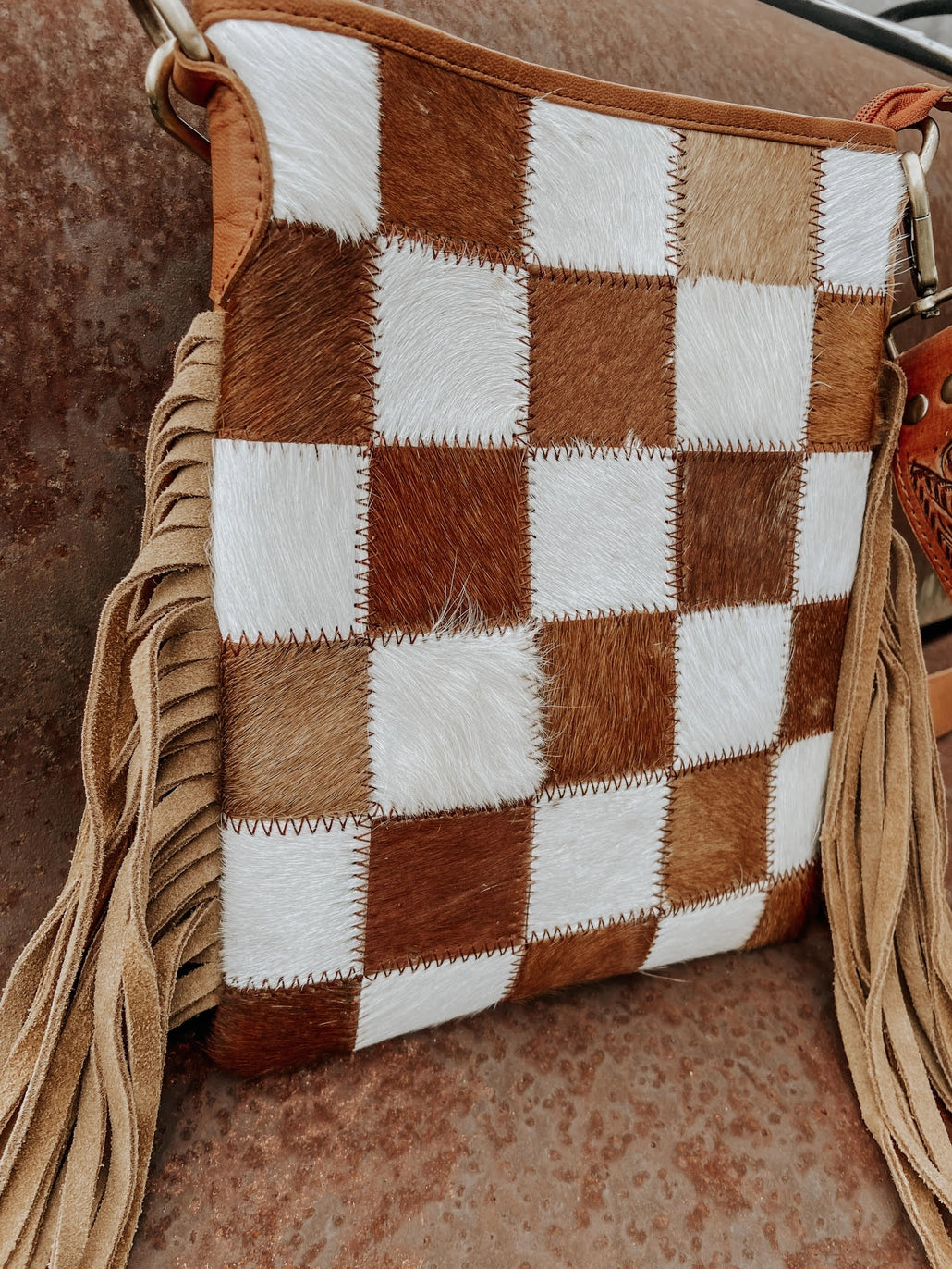 Checkered Cowhide Fringe Purse