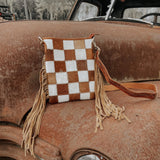 Checkered Cowhide Fringe Purse