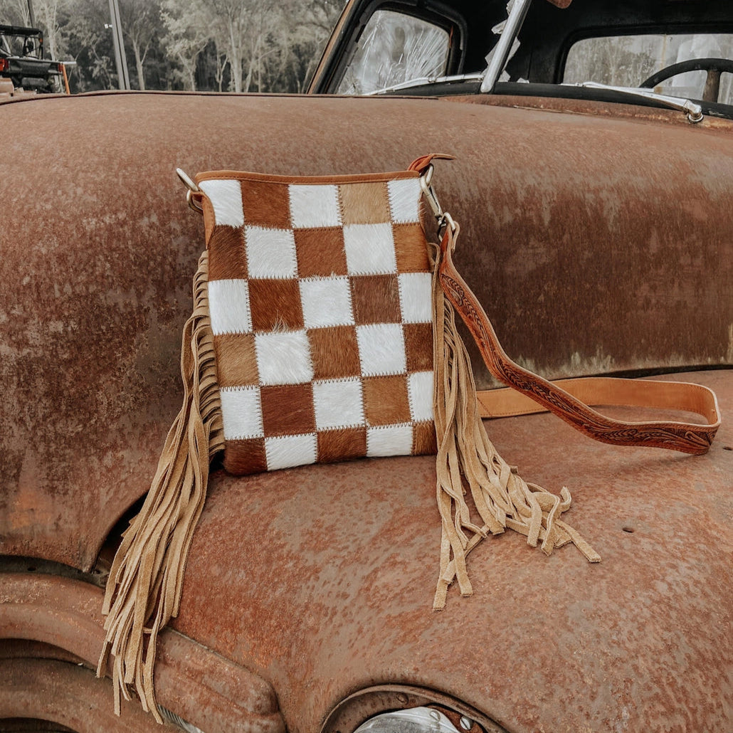 Checkered Cowhide Fringe Purse