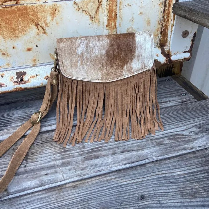 Cowhide and Tan Suede Fringe Crossbody Purse