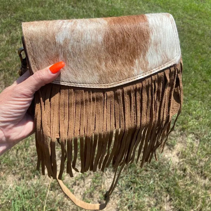 Cowhide and Tan Suede Fringe Crossbody Purse