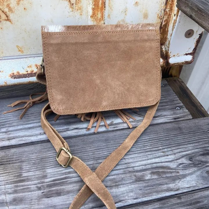 Cowhide and Tan Suede Fringe Crossbody Purse