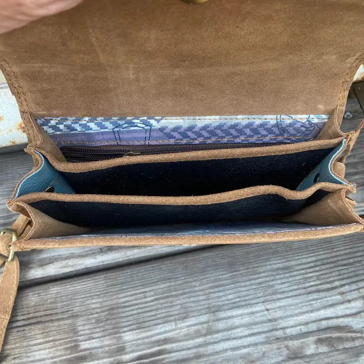 Cowhide and Tan Suede Fringe Crossbody Purse