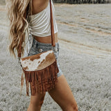 Cowhide and Tan Suede Fringe Crossbody Purse