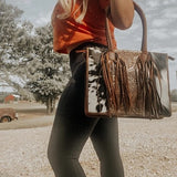 Jesse Cowhide and Tooled Leather Fringe Tote Computer Bag