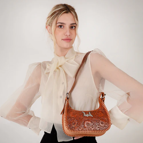 Dannia Medium Purse Brown Handtooled Leather and Calfskin