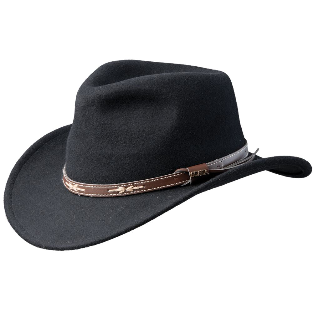 A black felt cowboy hat with a brown leather band featuring western-style stitching and a silver buckle, shown on a plain white background.