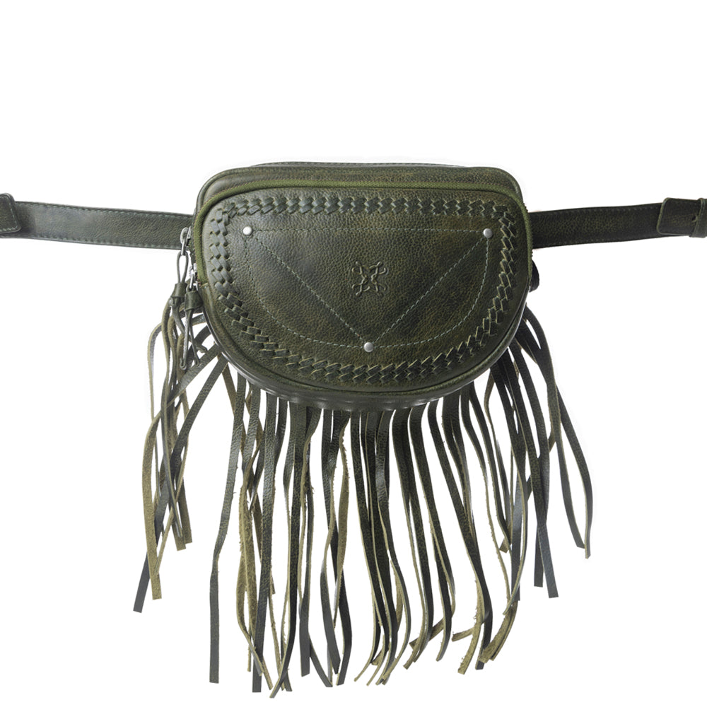 Zidana Stormy Trails Fringed Veg Tanned Leather Bag in Dusty Pine