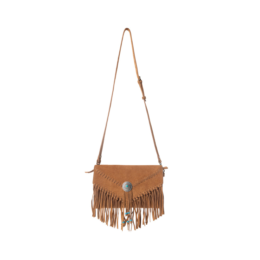 Texas Mist Fringed Leather Bag in Rustwood with Concho Accent