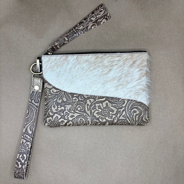 Embossed Leather Cowhide Wristlet - Beige Leather