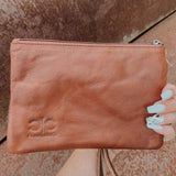 Embossed Leather Cowhide Wristlet - Brown Leather