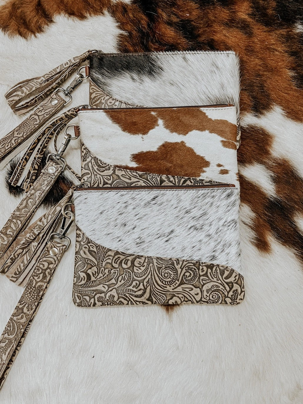 Embossed Leather Cowhide Wristlet - Beige Leather
