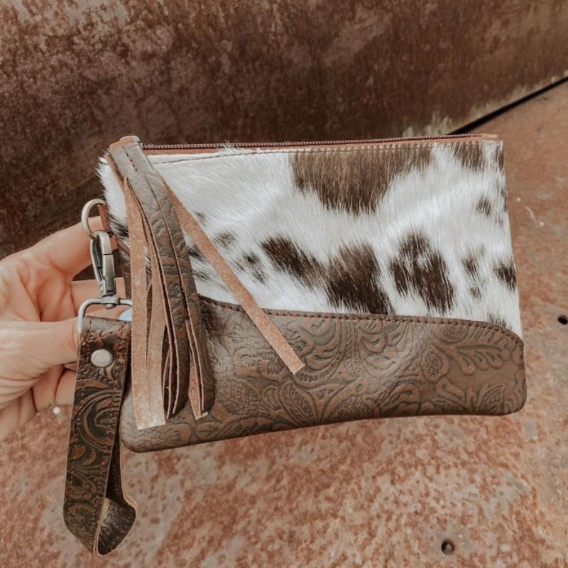Embossed Leather Cowhide Wristlet - Brown Leather