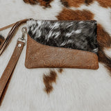 Embossed Leather Cowhide Wristlet - Brown Leather