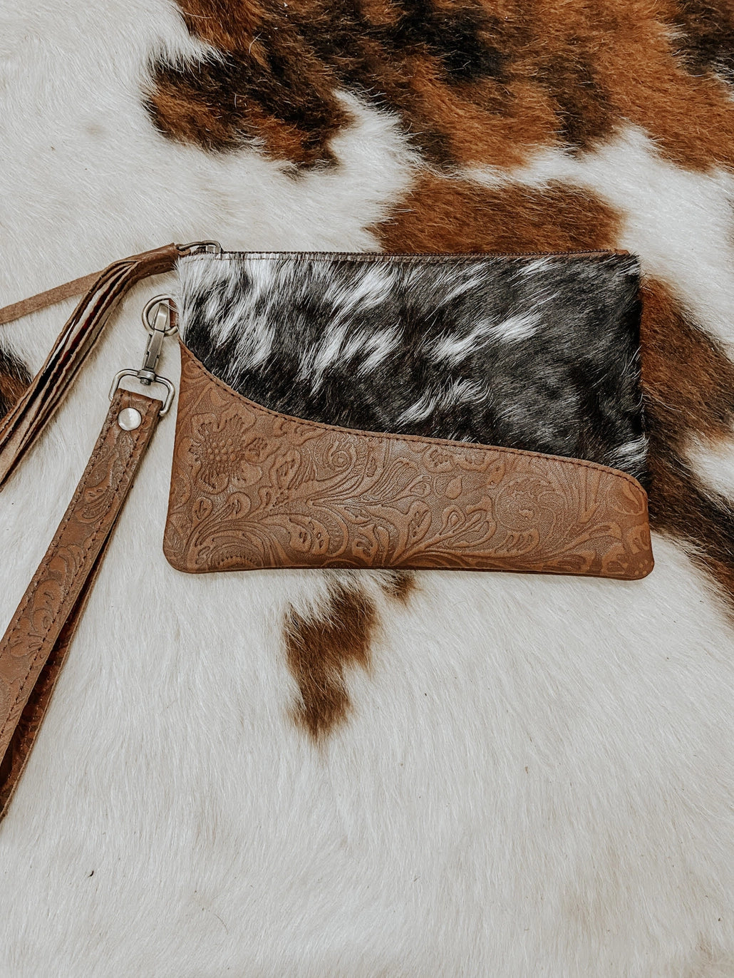 Embossed Leather Cowhide Wristlet - Brown Leather