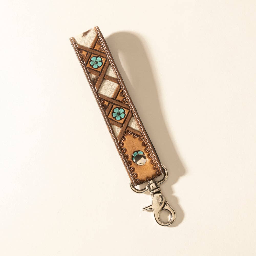 Moonflower Handtooled Leather Keyfob in Sienna Sky