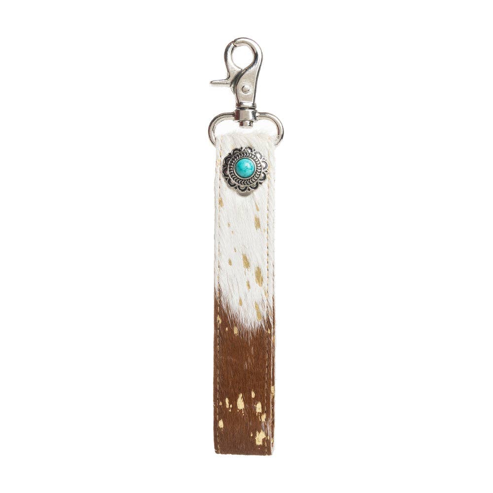 Hair-On Cowhide Western Key Fob - Turquoise Concho Keychain